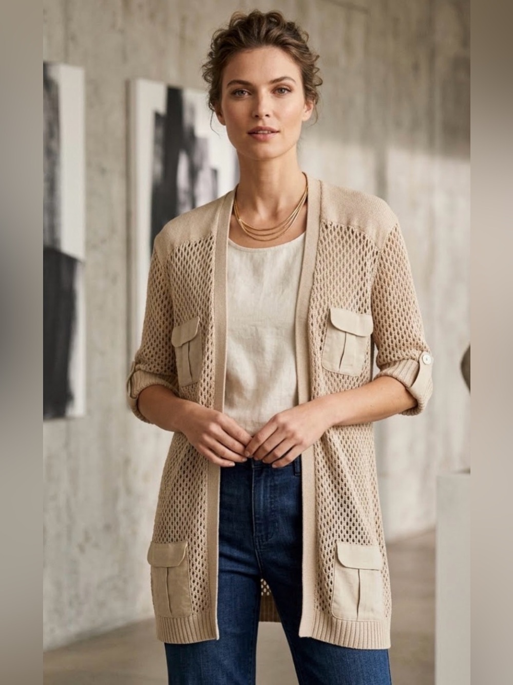 Chic’s Open Knit Linen Cardigan Size Large